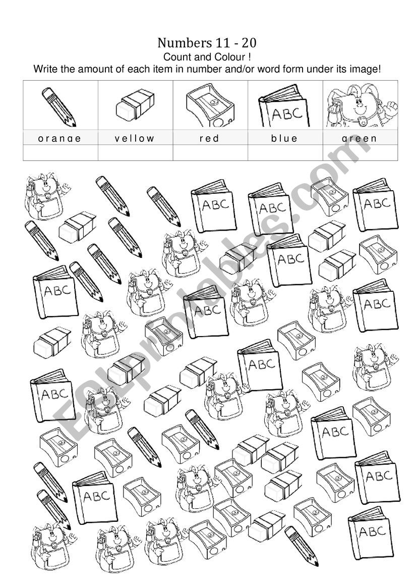 Numbers 11 to 20 plus colours and school objects