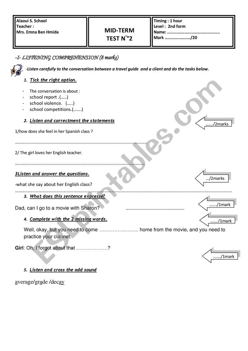mid term test 2 for 3rd form languge part