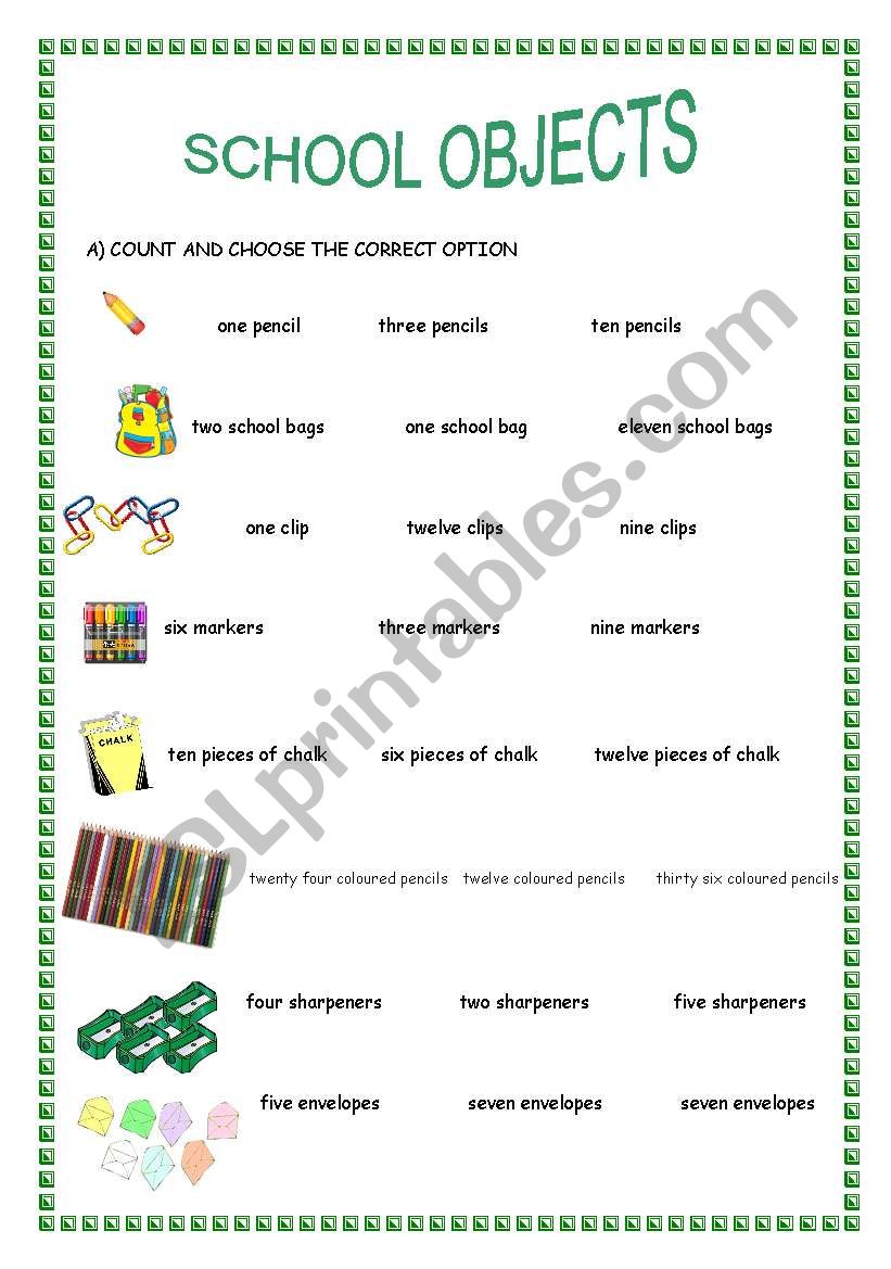school objects/ indefinite article/ numbers