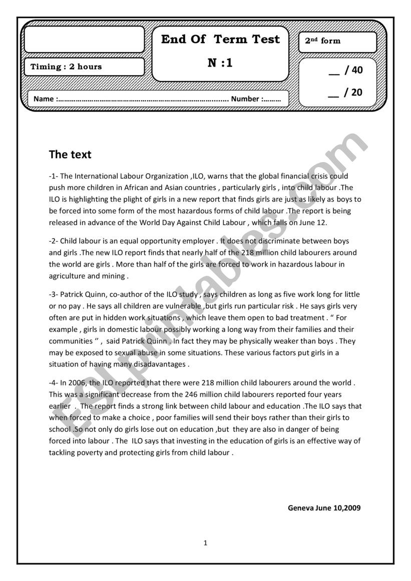 End of term test n1 2nd form worksheet