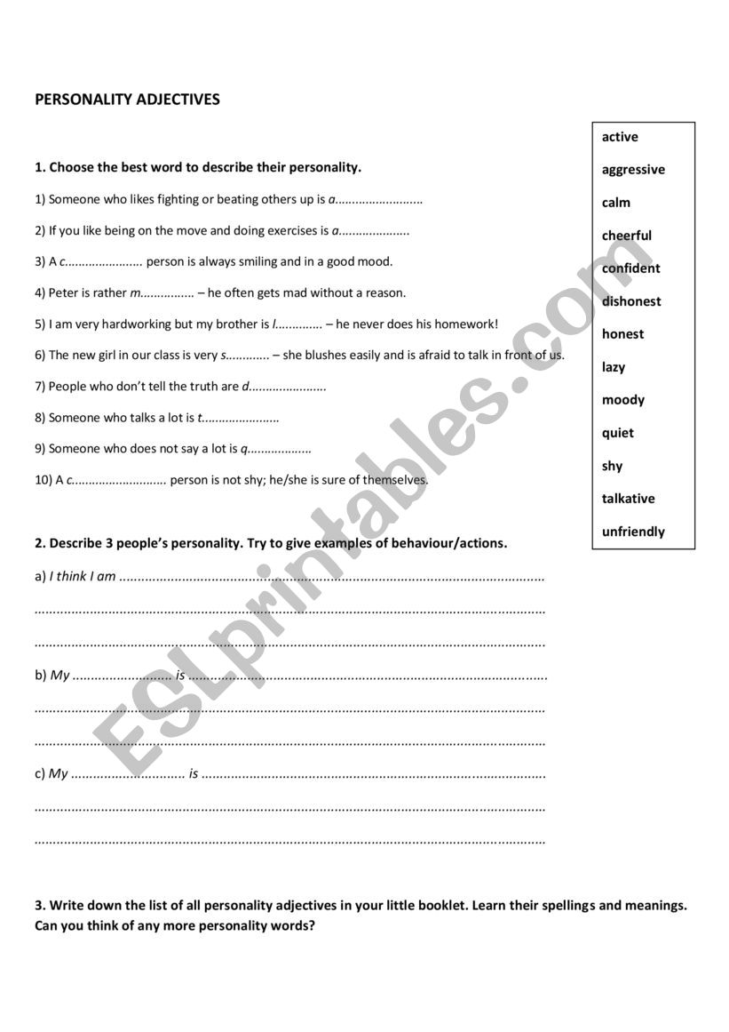 PERSONALITY ADJECTIVES worksheet