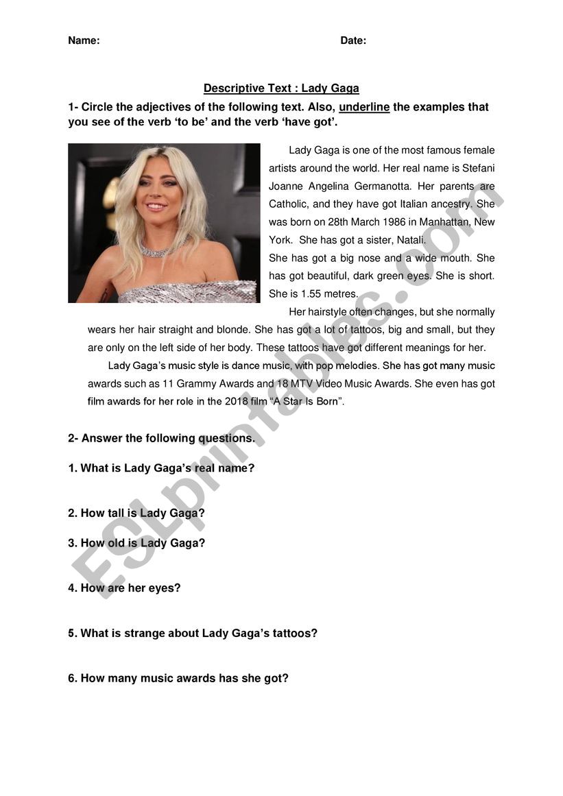 Descriptive Text Lady Gaga worksheet