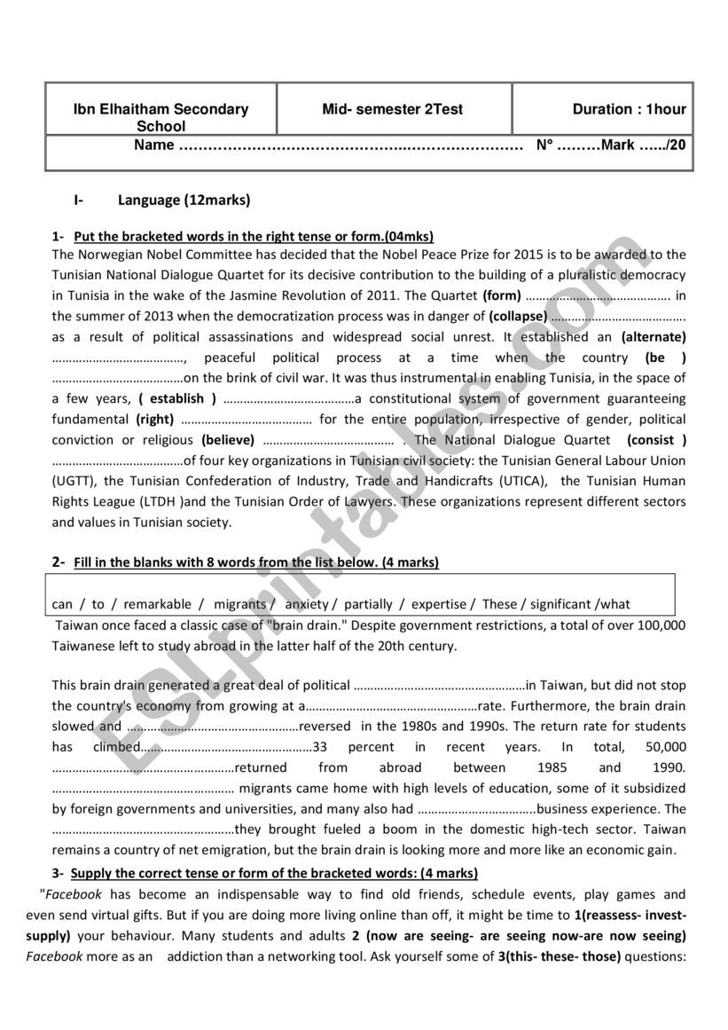 Mid-semester 2 Test  worksheet