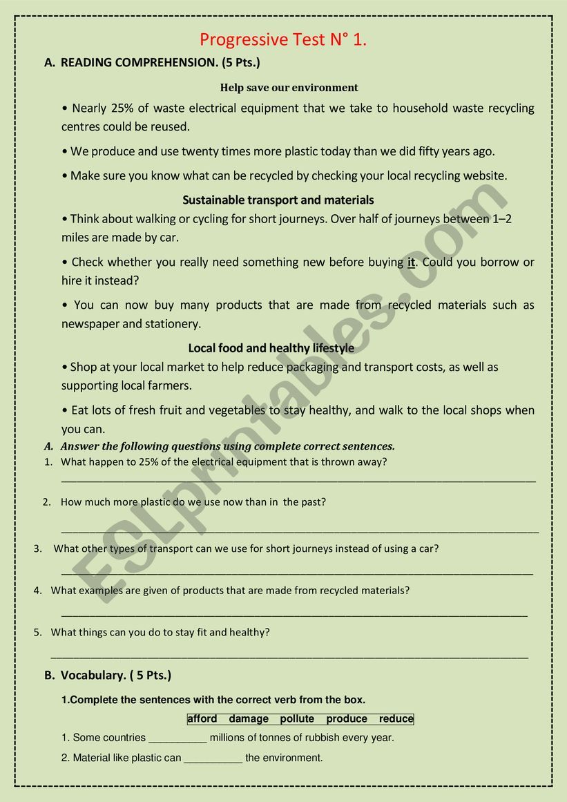 Progressive test. worksheet