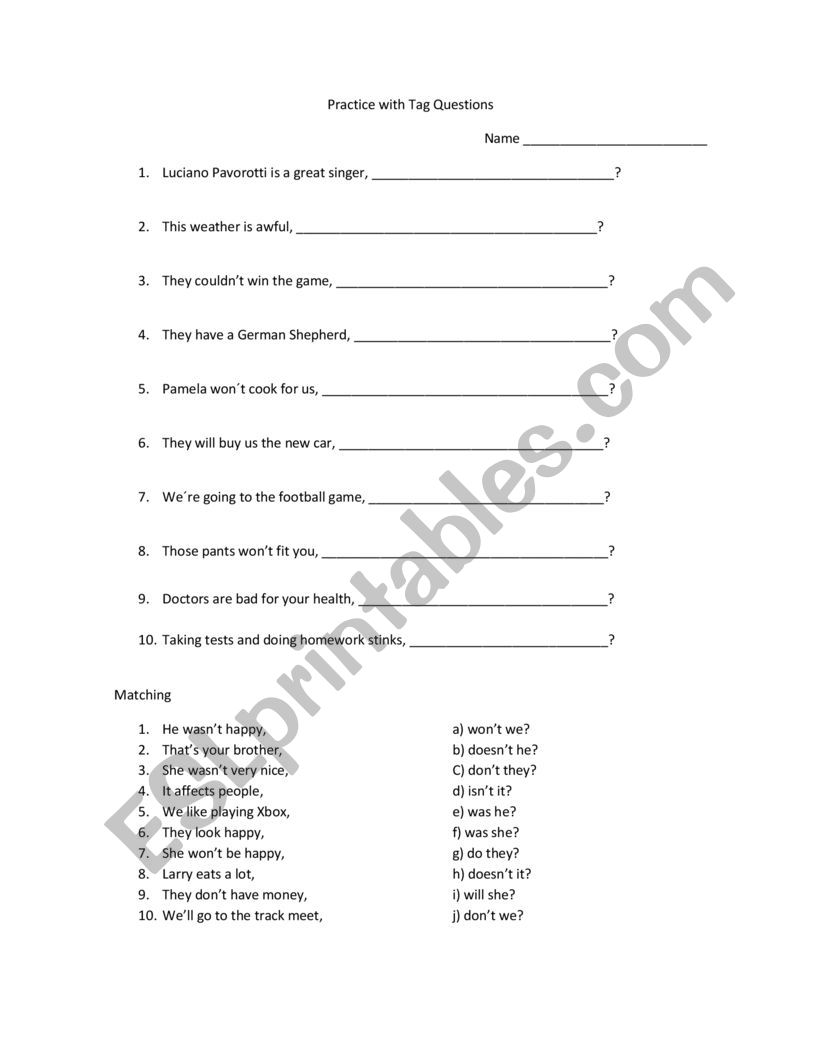 Tag questions practice worksheet