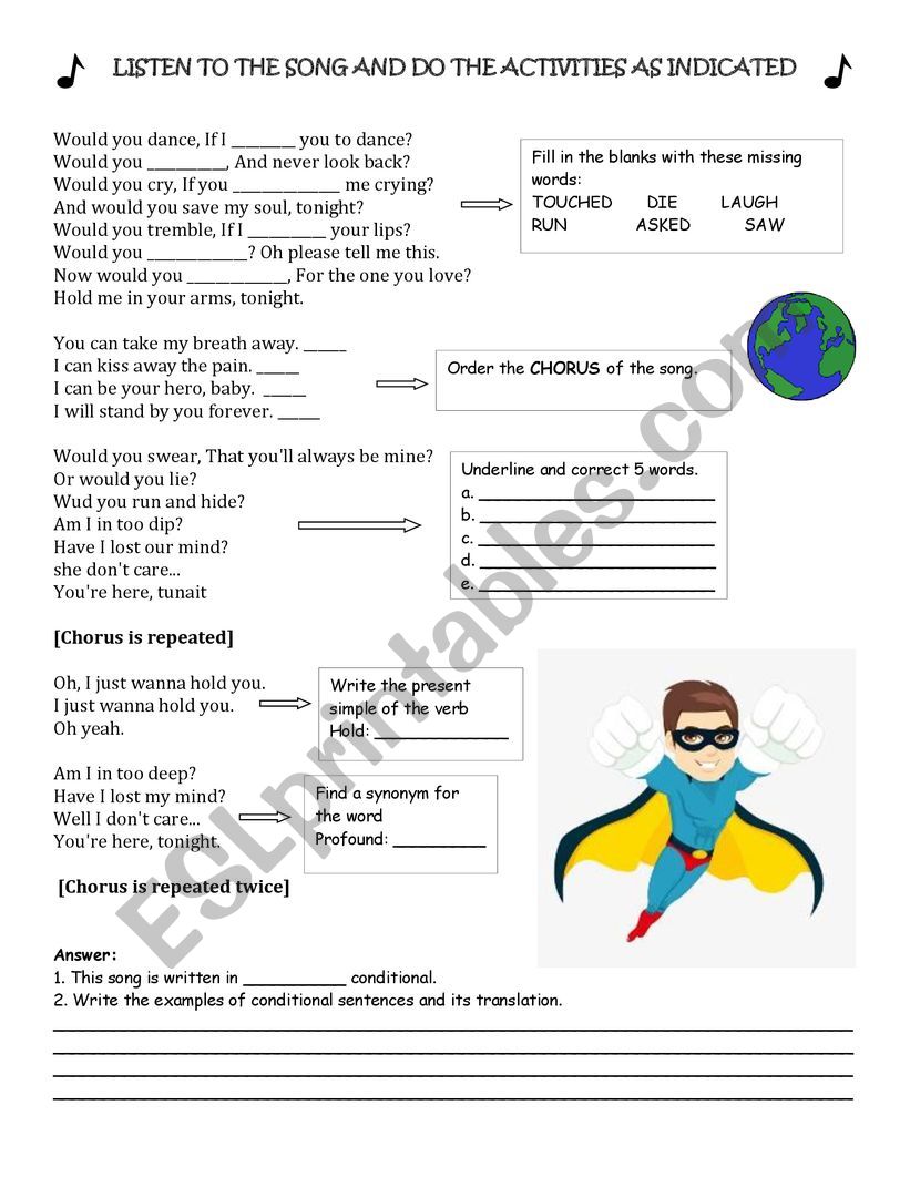 Hero Song (2nd conditional) worksheet