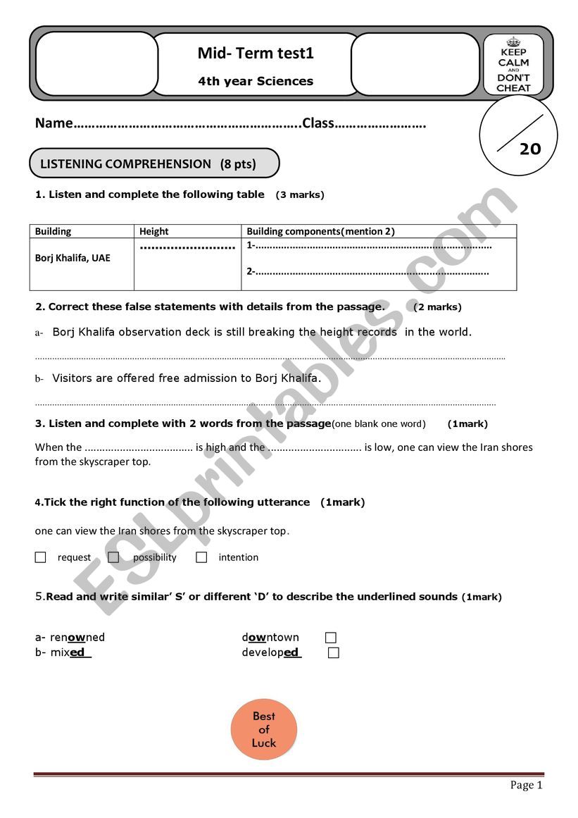listening test worksheet