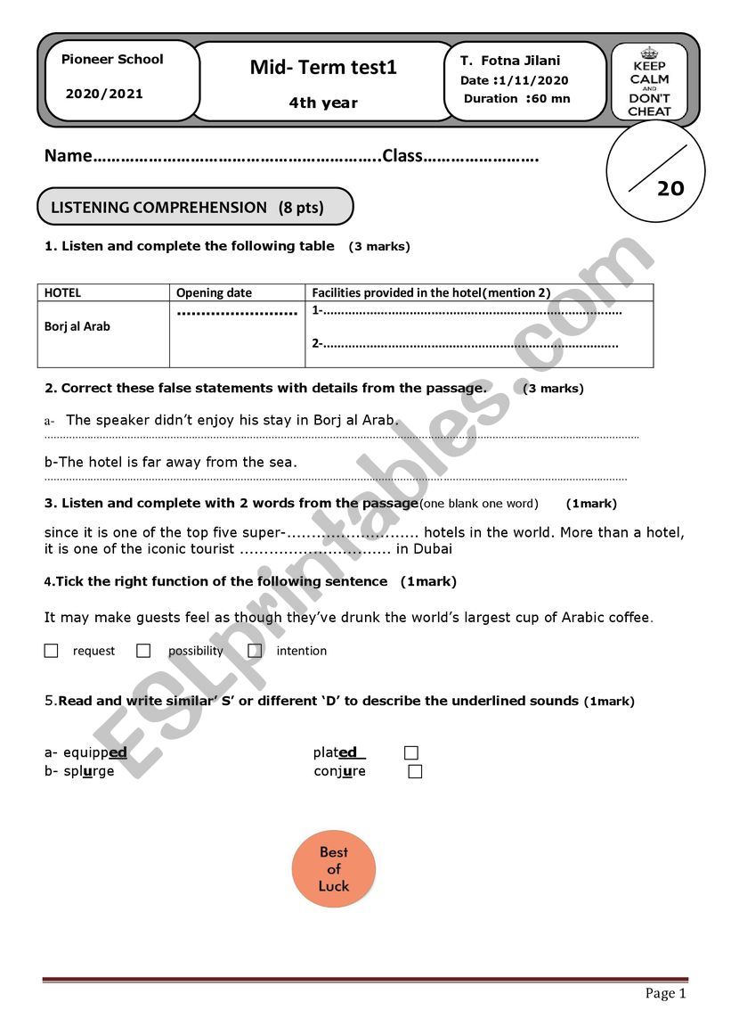 listening test worksheet