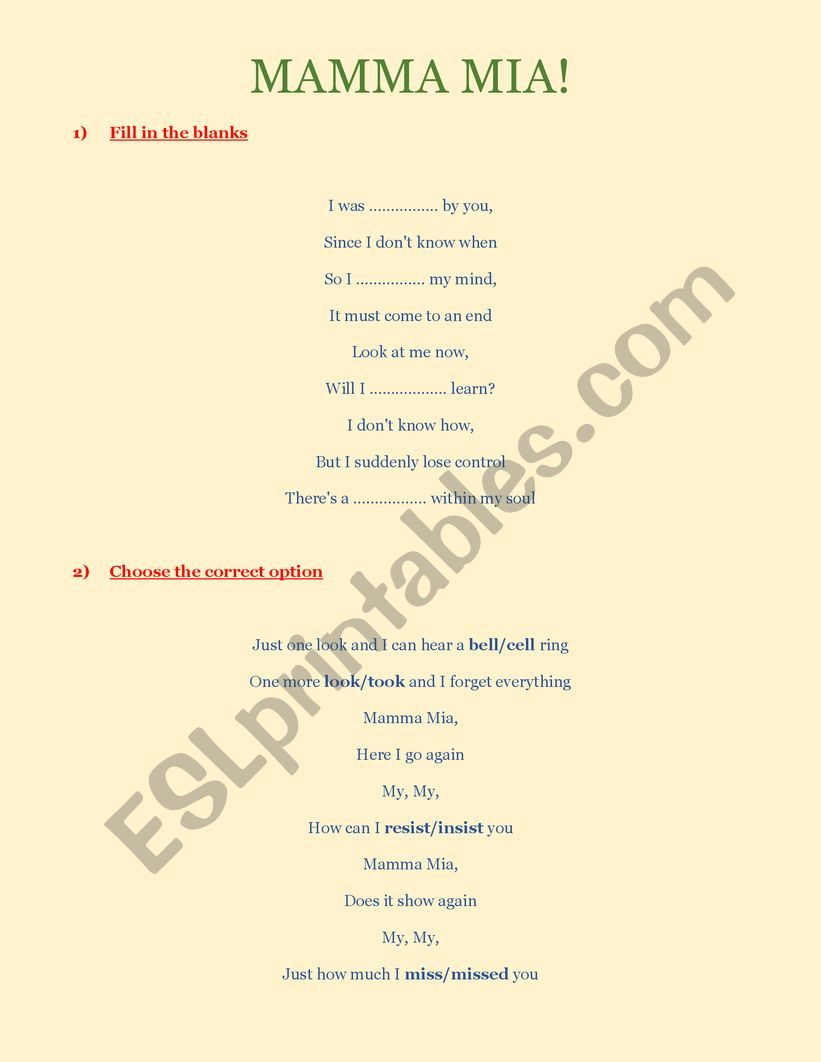 Mamma Mia! worksheet