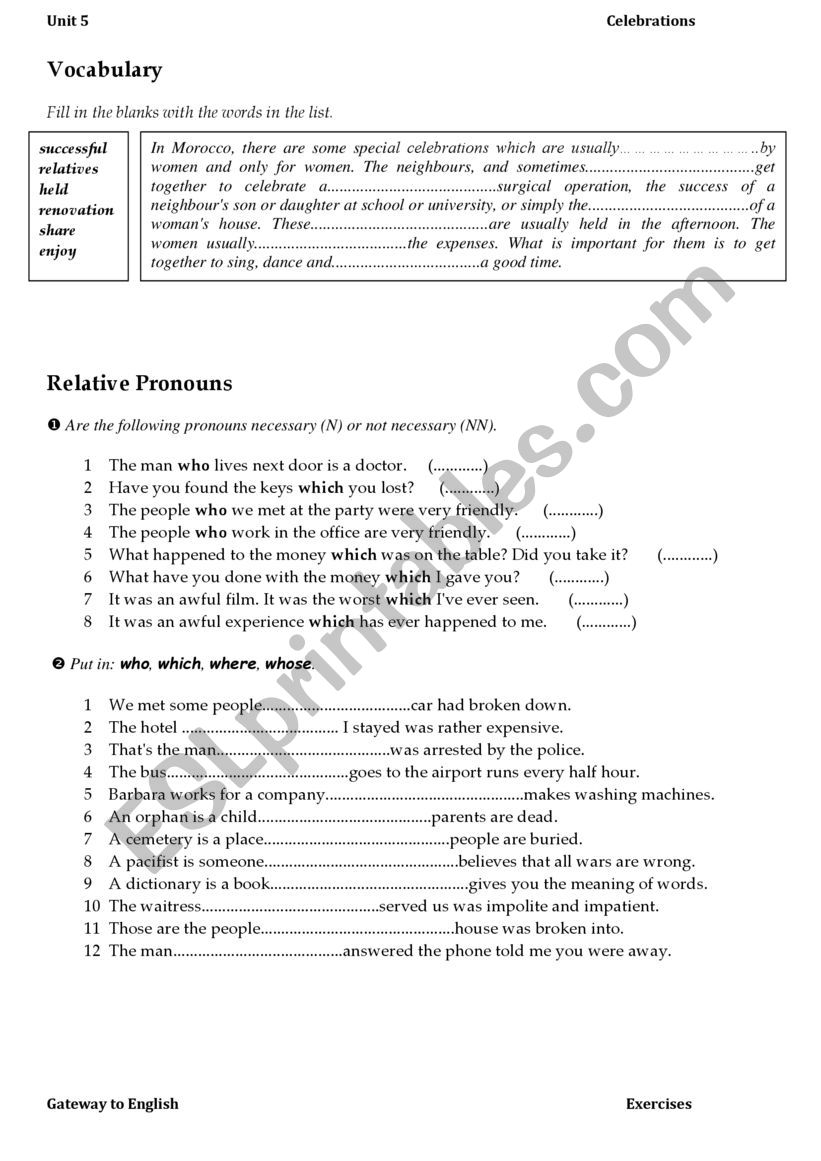 Unit 5 Celebrations Review worksheet