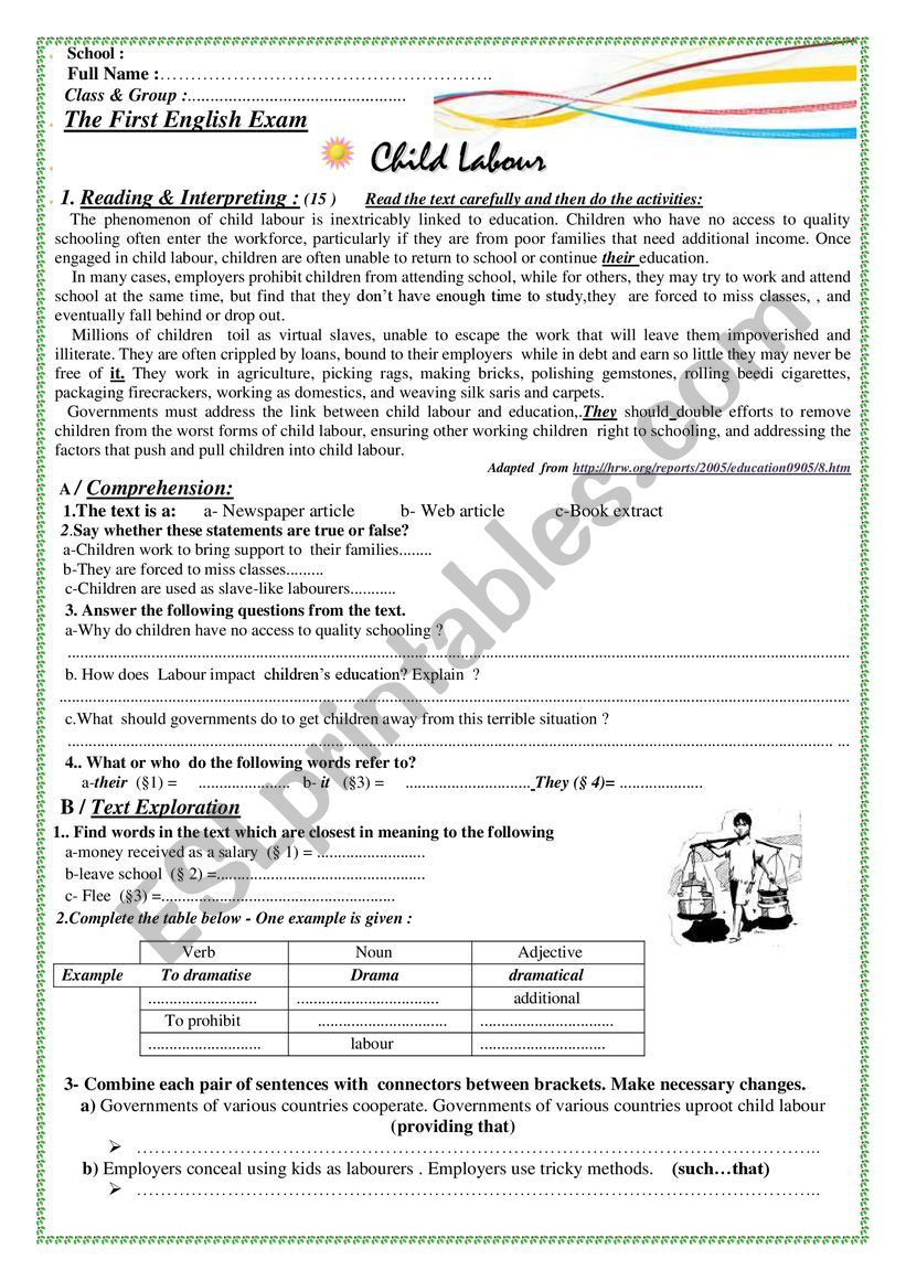 child labour  worksheet