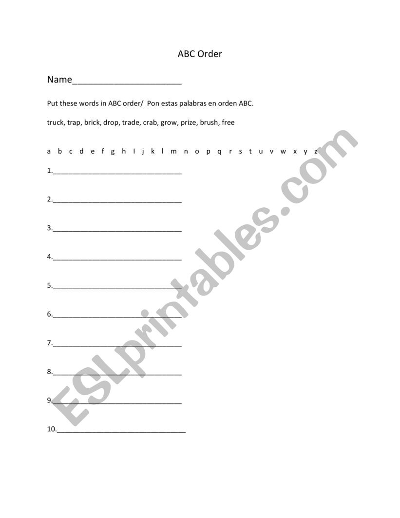 ABC order worksheet