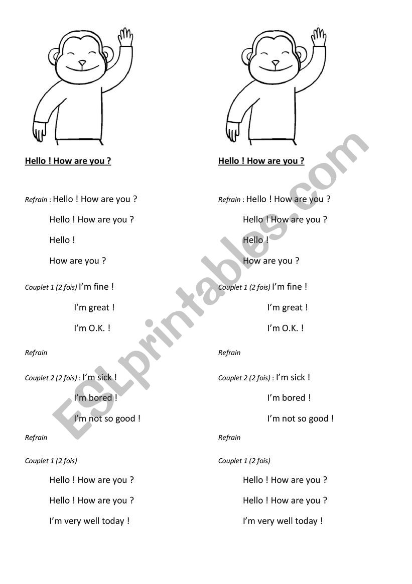 Hello How are you Song worksheet