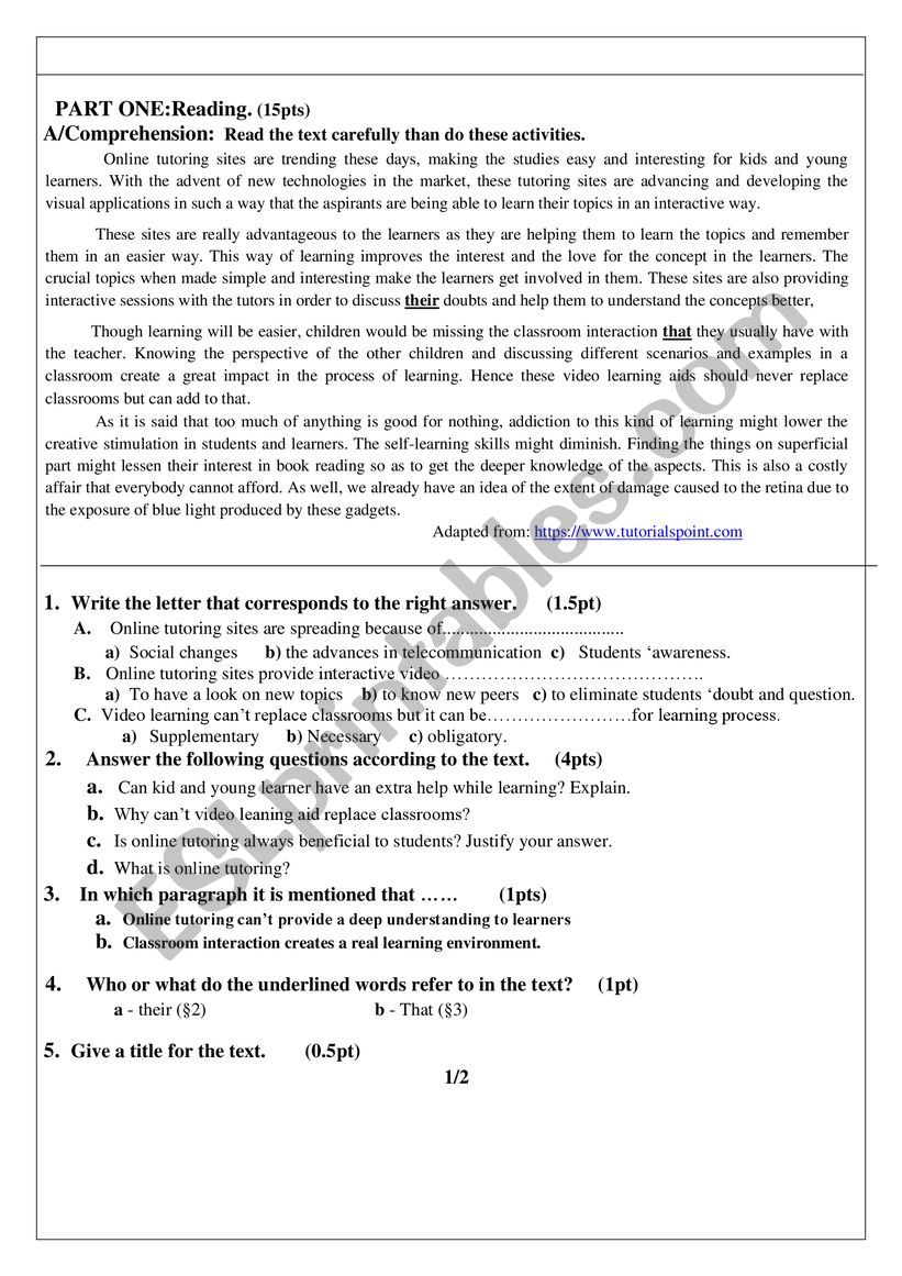 online tutoring worksheet