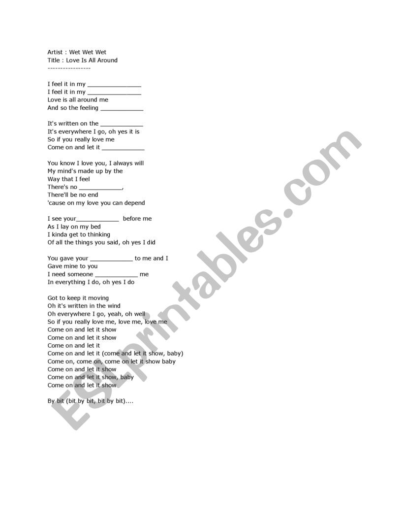 Love is all around you Song worksheet