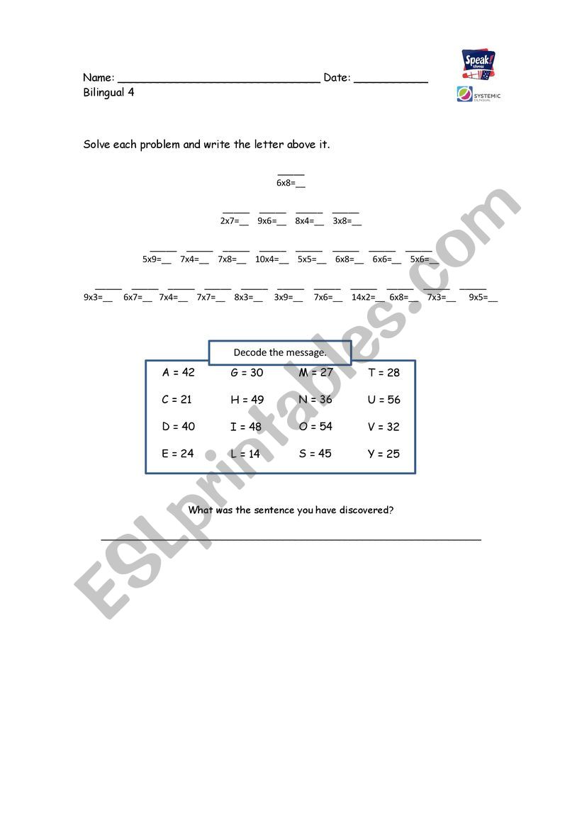 Secret message worksheet