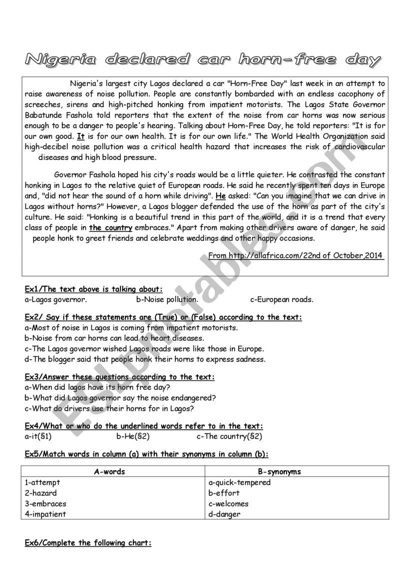 Nigeria fighting noise worksheet