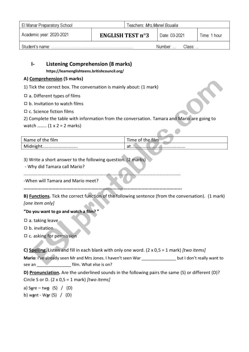 Mid- term test 2 8th form worksheet