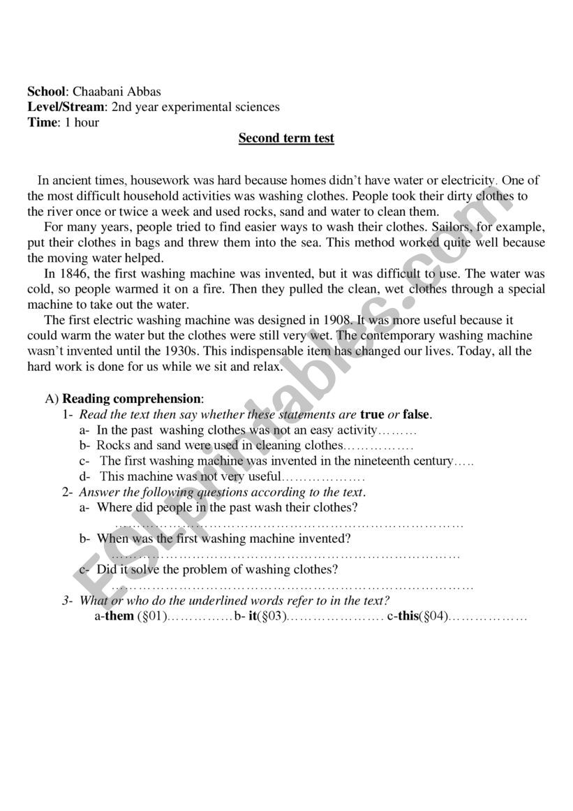 washing machine worksheet