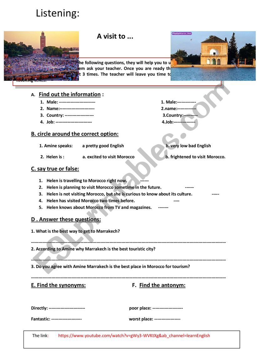  Listening a visit to Morocco worksheet