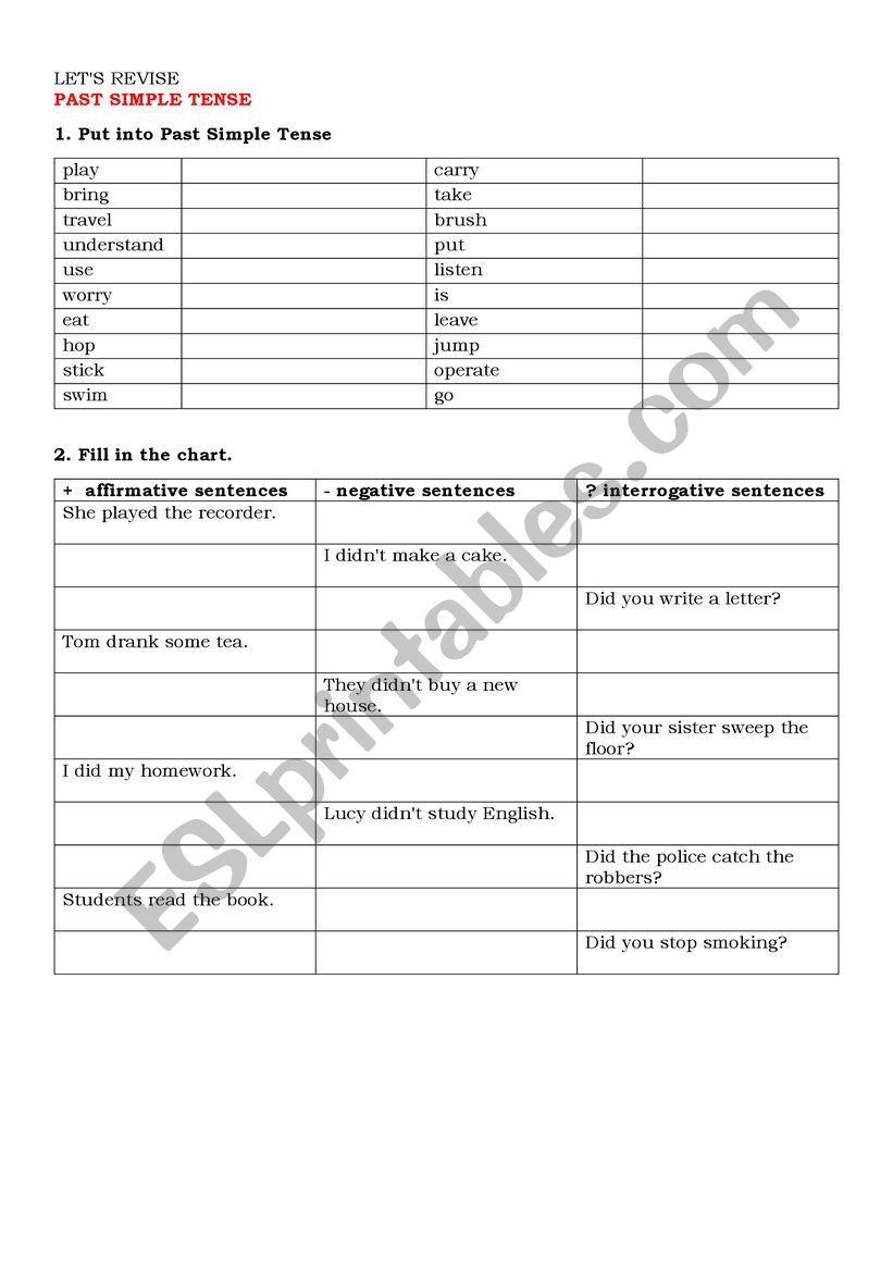 past simple revsion worksheet