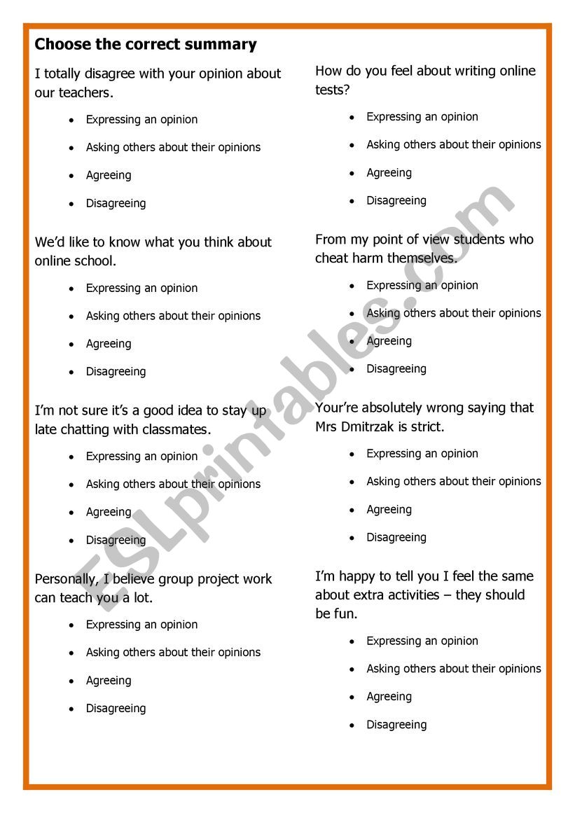 Expressing opinion worksheet