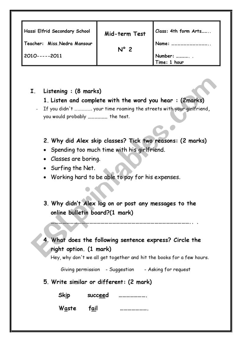 Mid term2 Exam BAC  worksheet