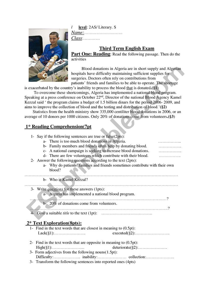 blood donation worksheet