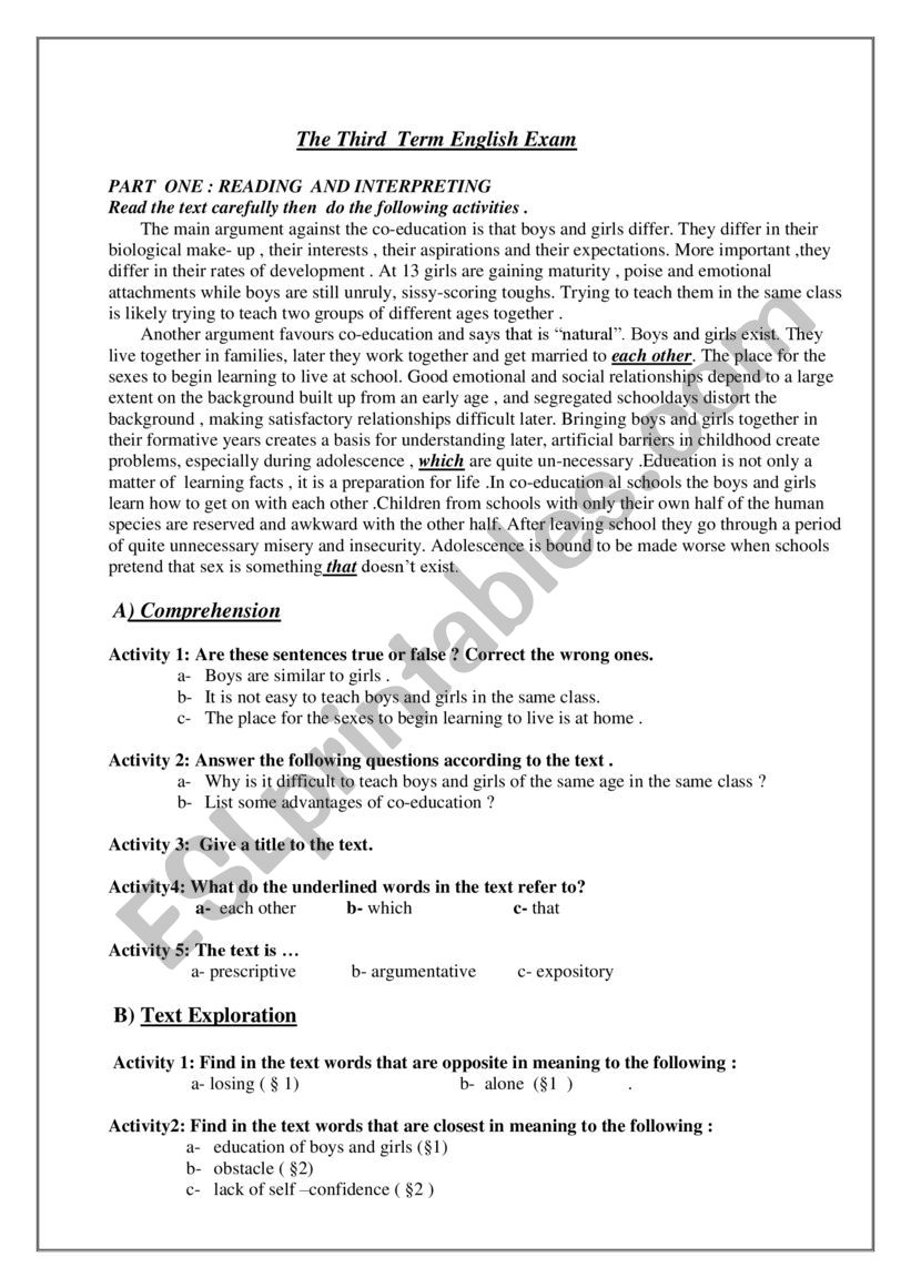 co eduction worksheet