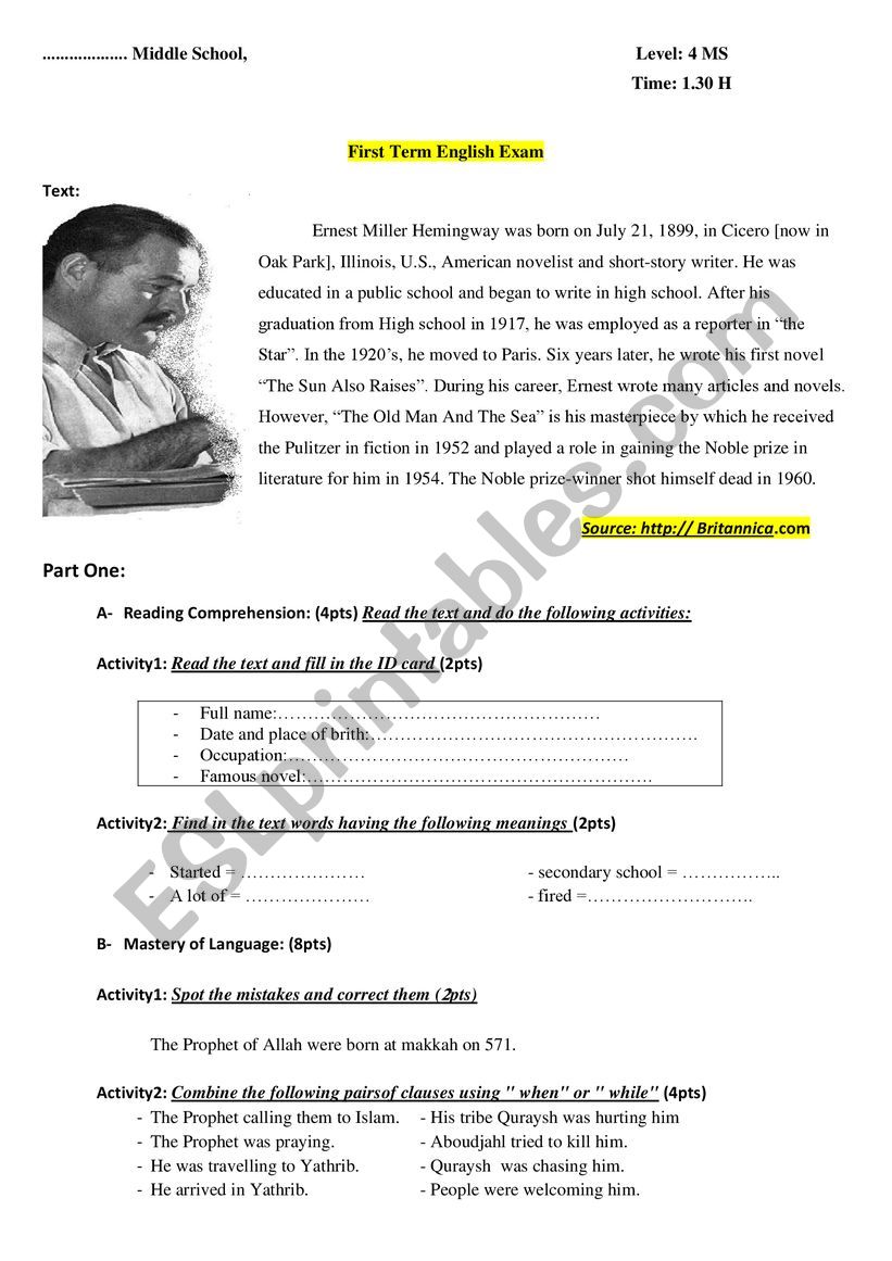 Ernest Miller Hemingway  worksheet