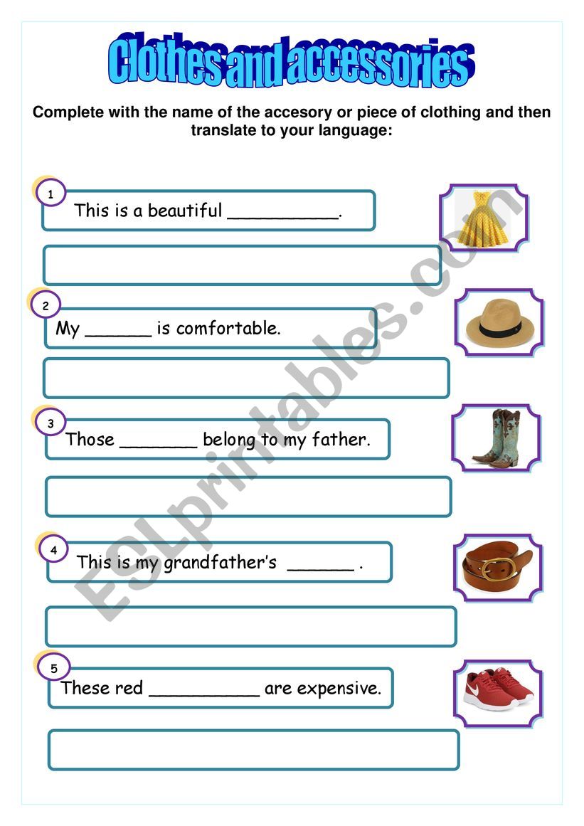 Clothes and accessories worksheet