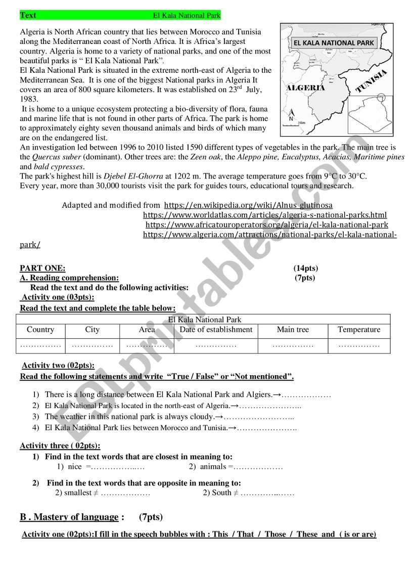 El Kala National Park  worksheet