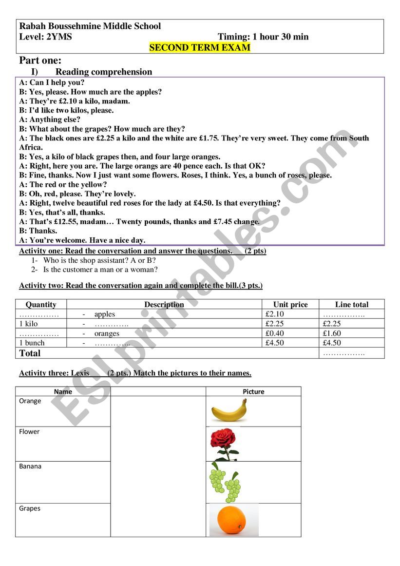 shopping.  worksheet