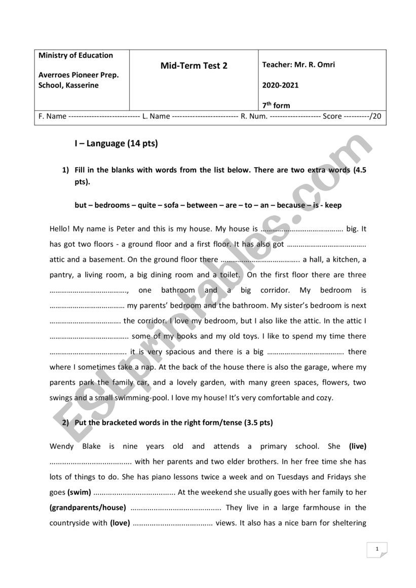 7th Form Mid-Term Test 2 (2020-2021)