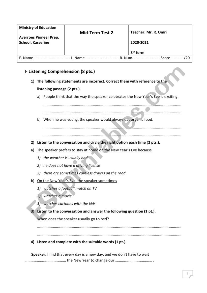 8th Form Mid-Term Test 2 (2020-2021)