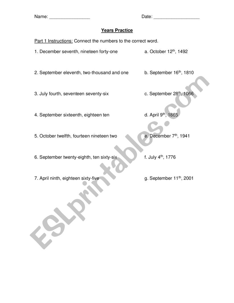 Years Practice worksheet