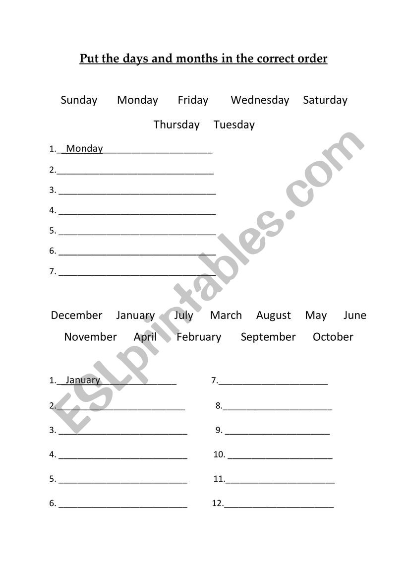 Days and months worksheet