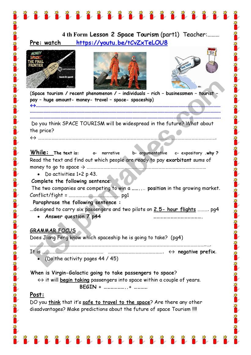 Space turism worksheet