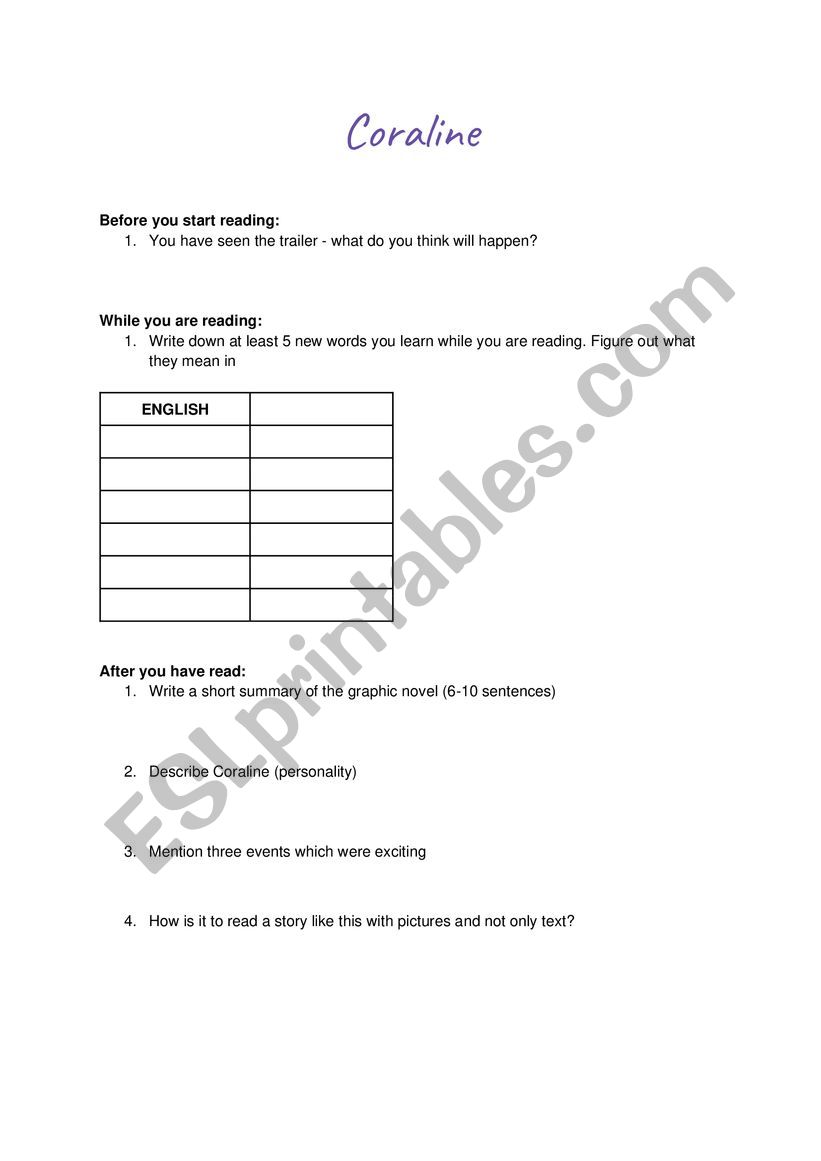 Coraline graphic novel worksheet