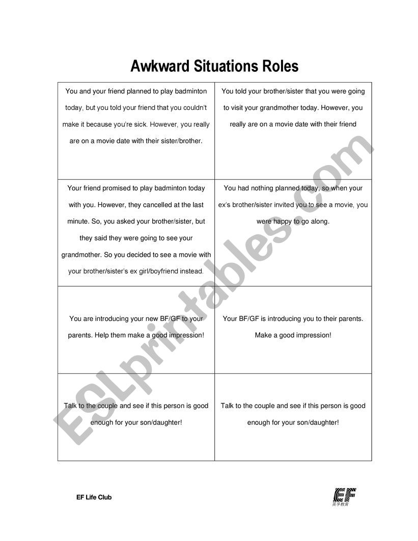 Awkward Situation Roleplay Esl Worksheet By Heyilei0316