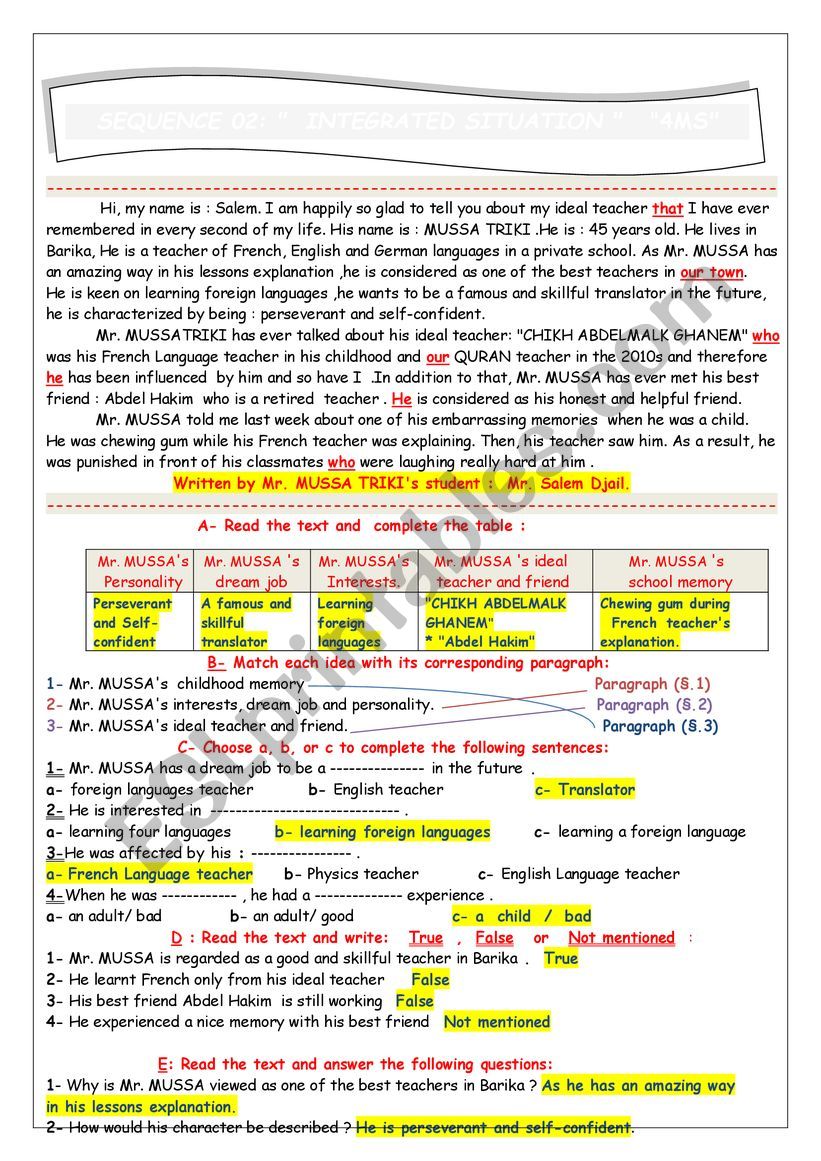 Reading Comprehension tasks with different grammar and written tasks with correction 