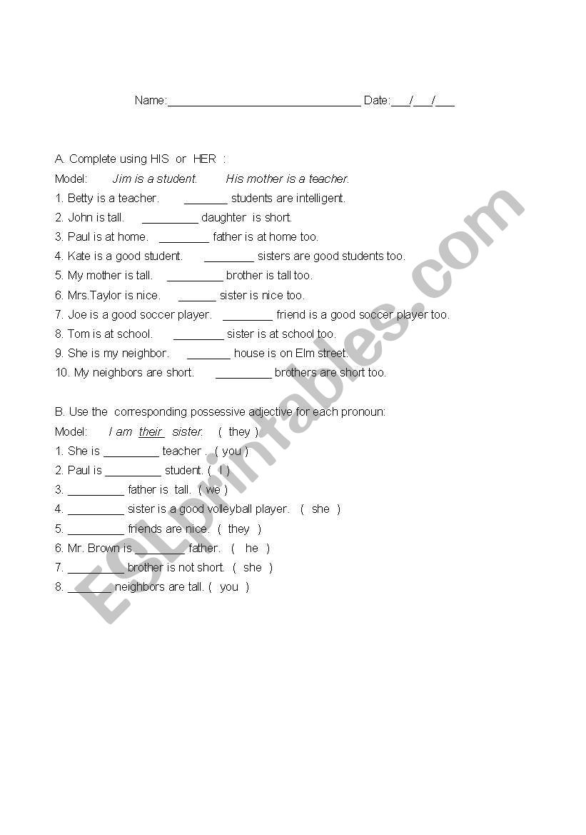 Exercise of possessive adjectives