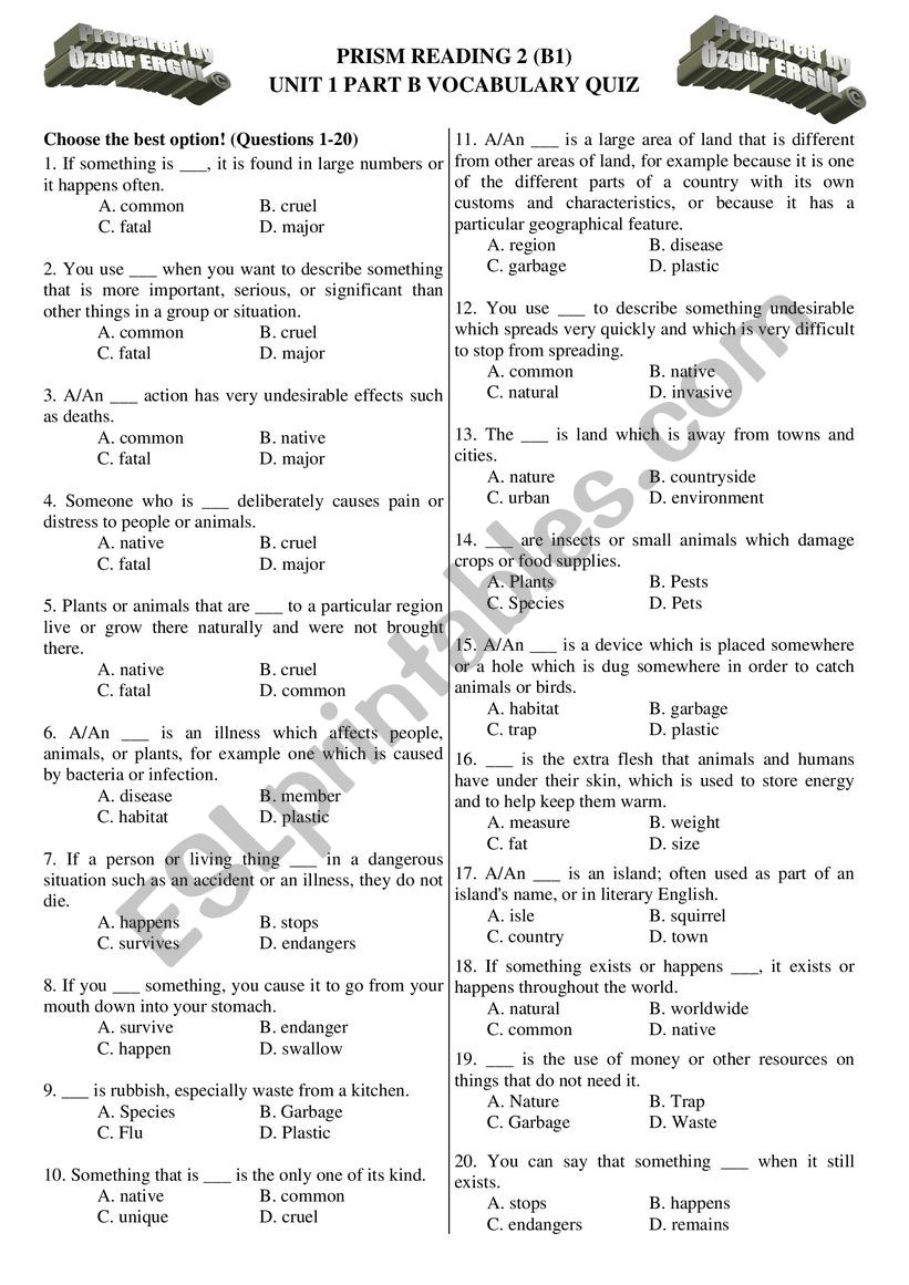 Prism Reading 2 Unit 1 Part B Vocabulary Quiz