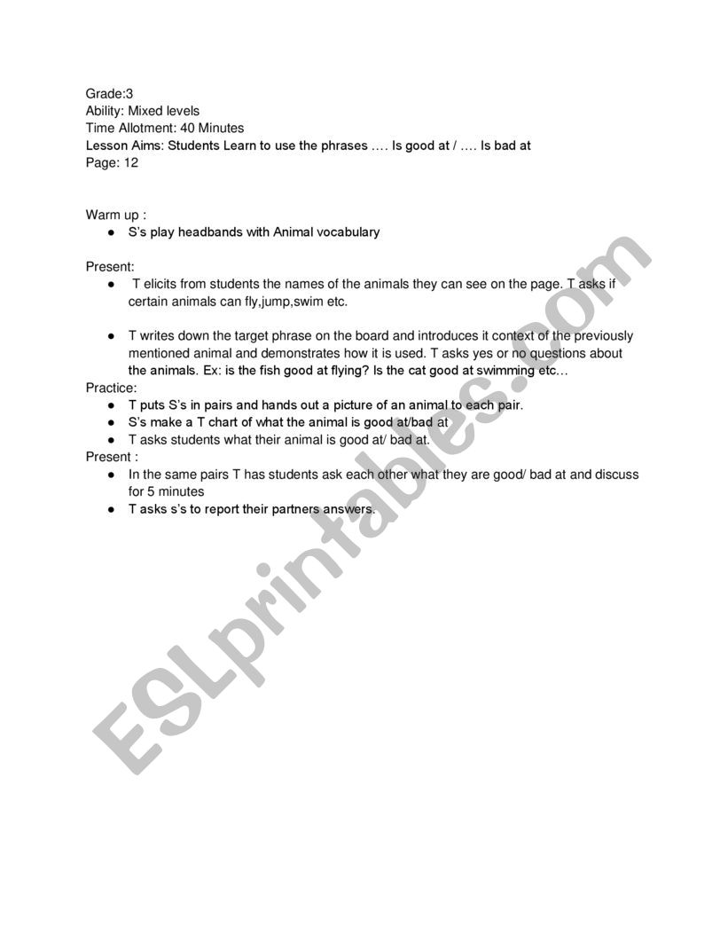 Grade 3 lesson plan  worksheet