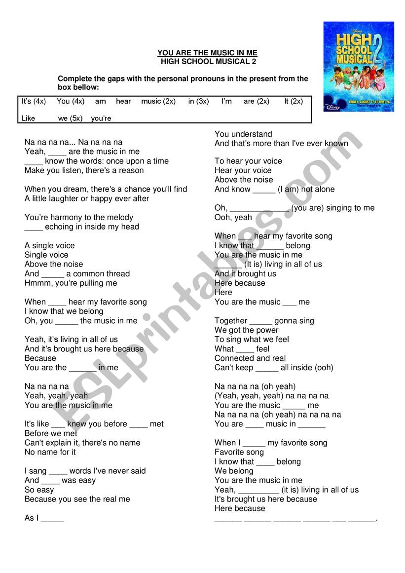 high school musical 2 you are the music in me song activity verb to be