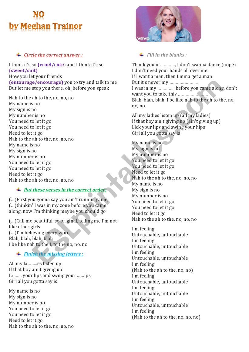 song by megan trainor  worksheet