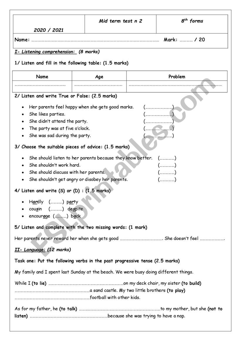 mid term test n 2 8th form worksheet