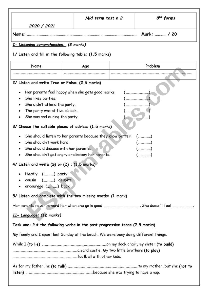 mid term test n 2 8th form worksheet