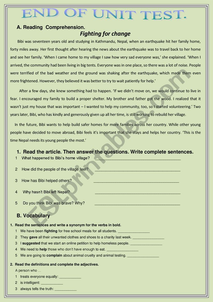 End of unit test worksheet