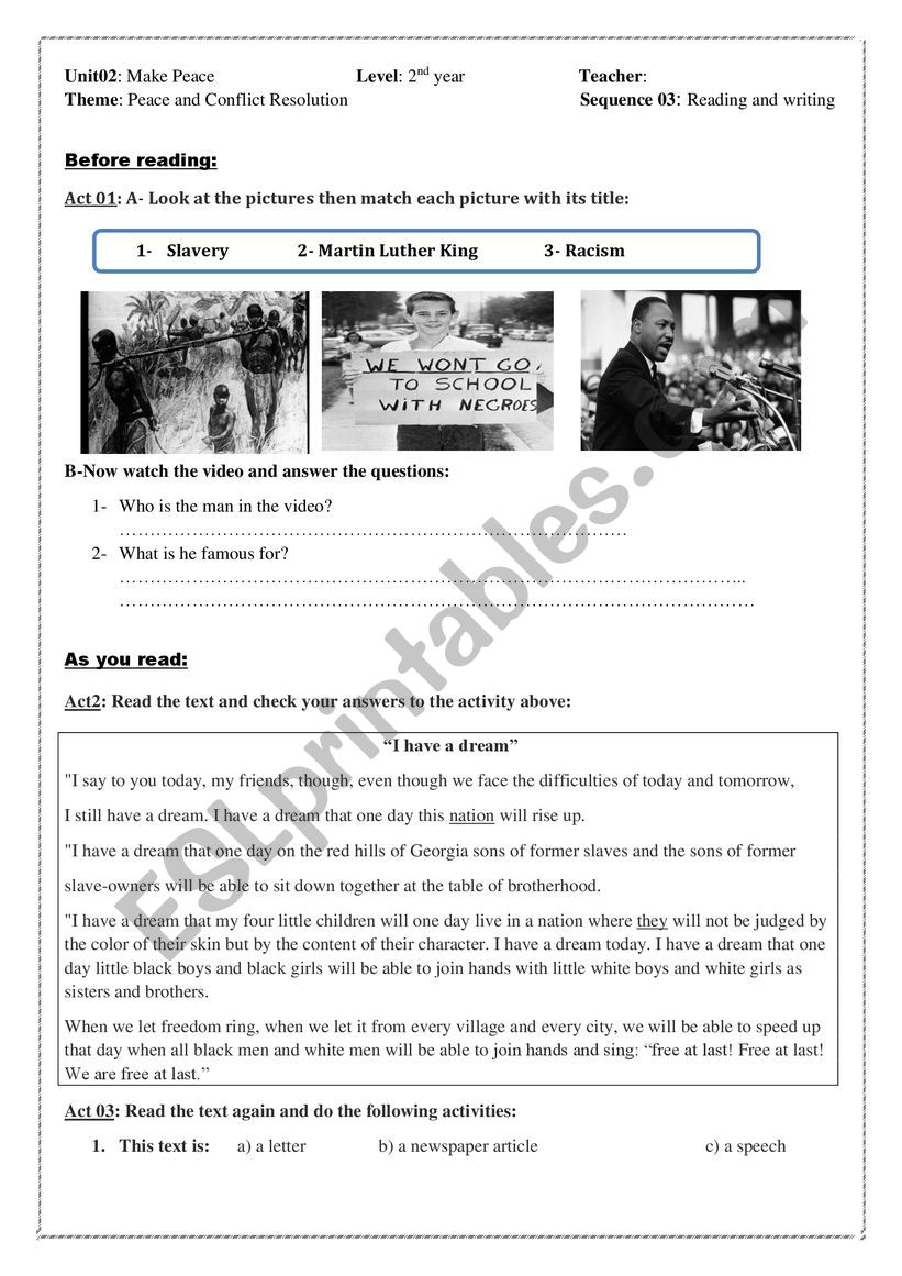 Martin Luther king worksheet